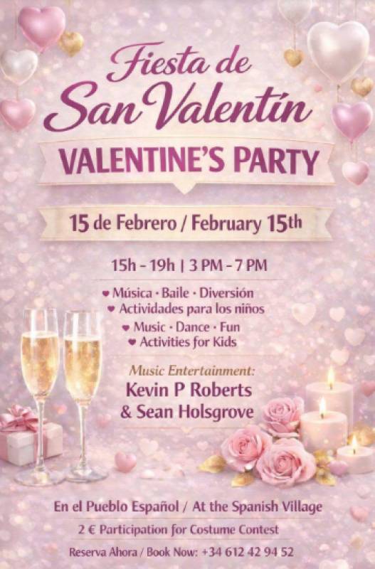 February 15 Valentine's party with live music and family fun at the Spanish Village, Hacienda del Álamo