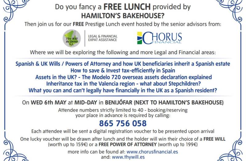 May 6 Prestige lunch seminar event with expert legal advice for expats in Benijófar from Thy Will Be Done